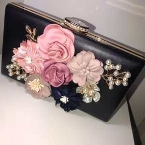 Flower Embroidered Black Clutch